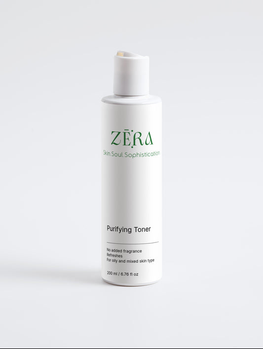 Zera skincare toner bottle on a white background