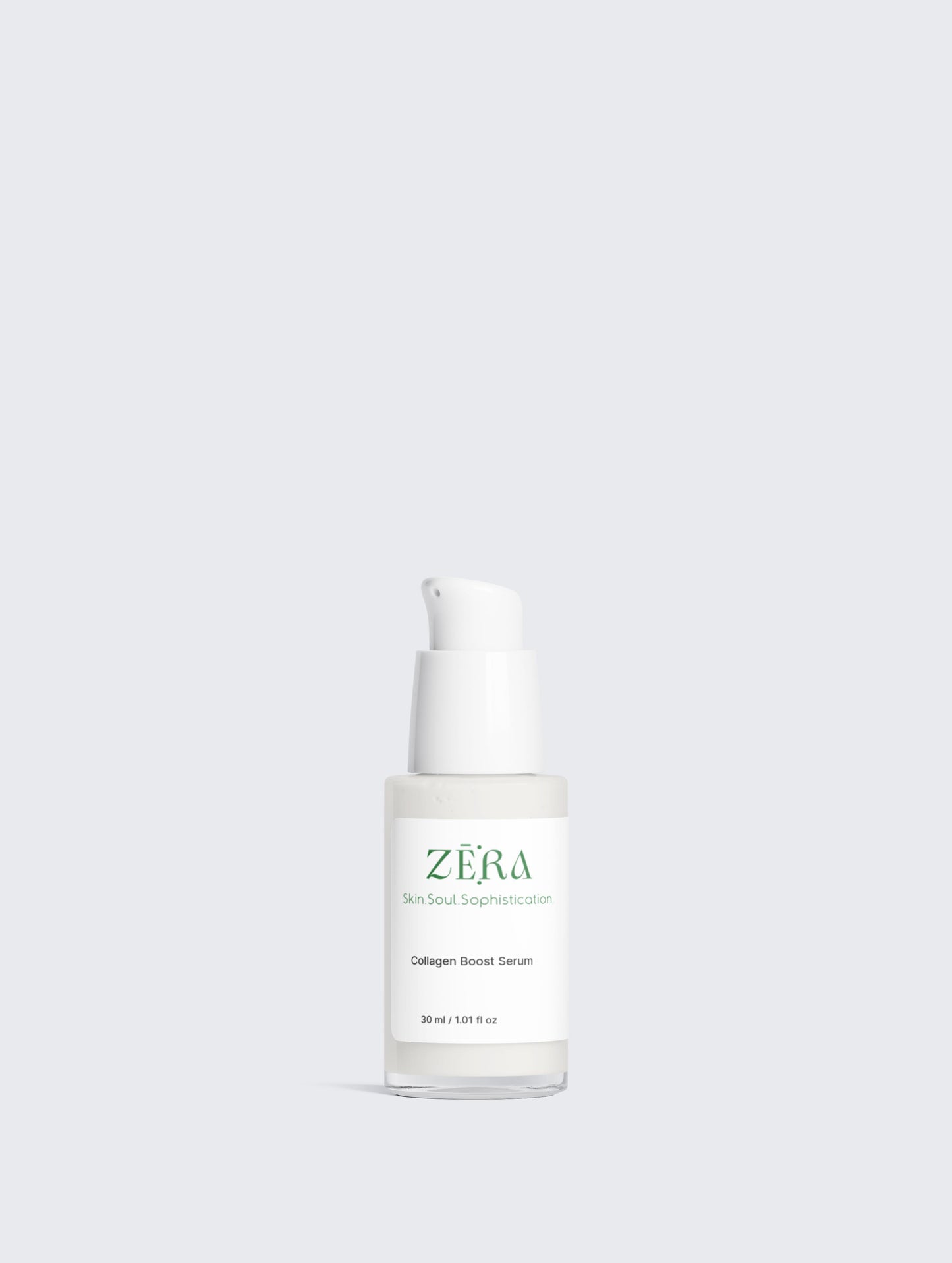 Skincare serum bottle labeled 'Zera' on a light gray background