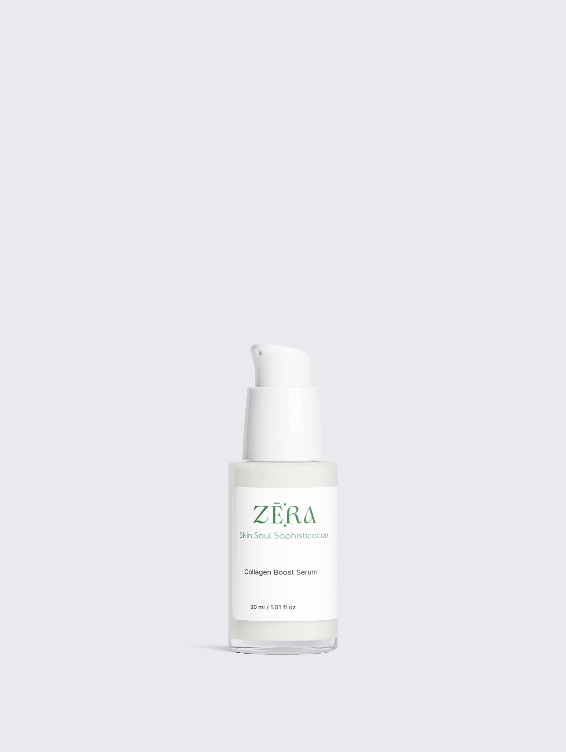 Skincare serum bottle labeled 'Zera' on a light gray background