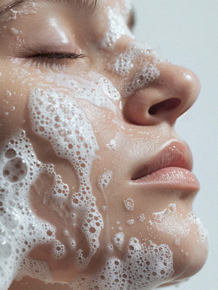 Close-up of a person's face with soap bubbles on a neutral background