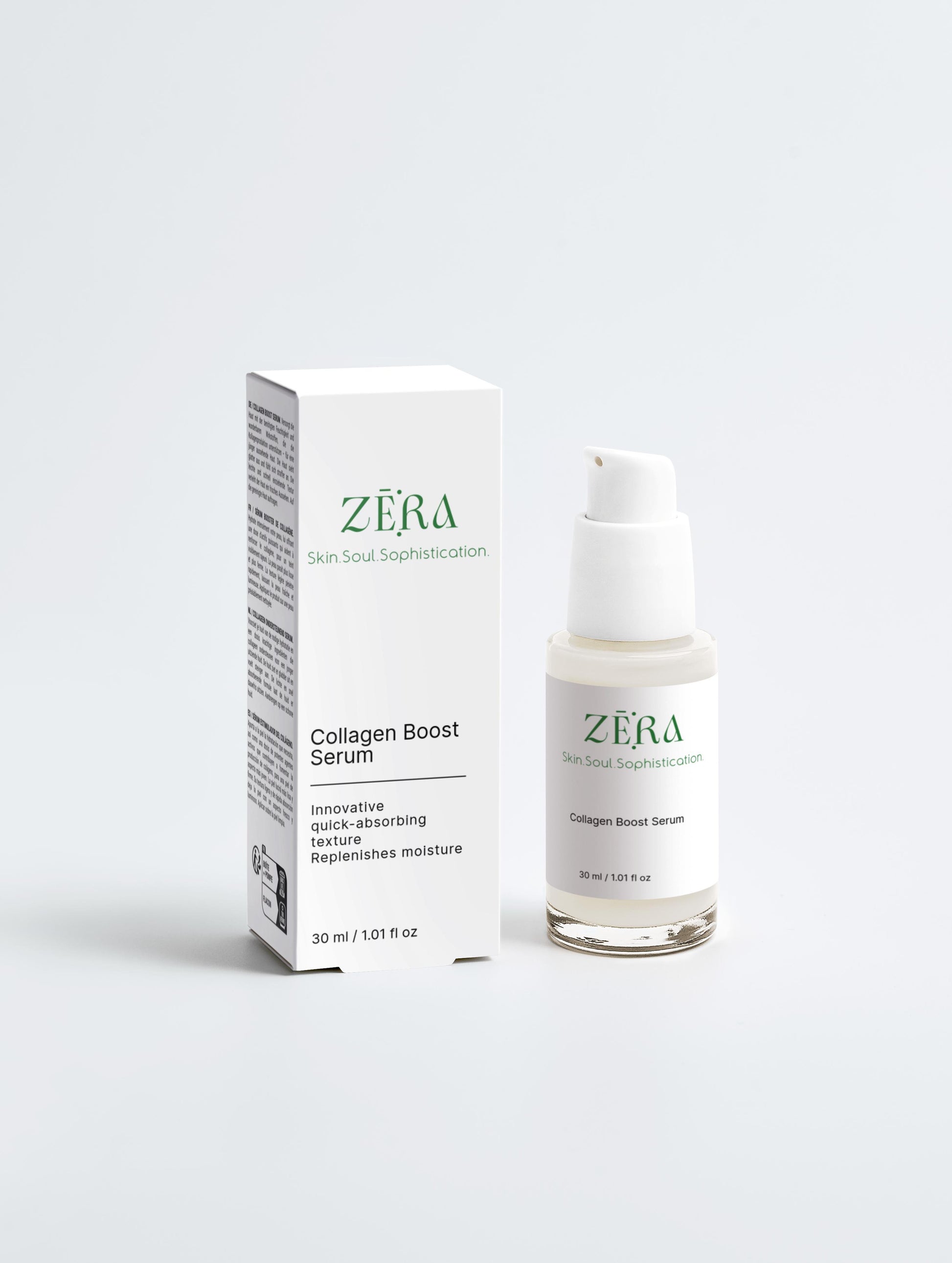 ZERA Collagen Boost Serum bottle and packaging on a white background