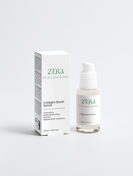 ZERA Collagen Boost Serum bottle and packaging on a white background