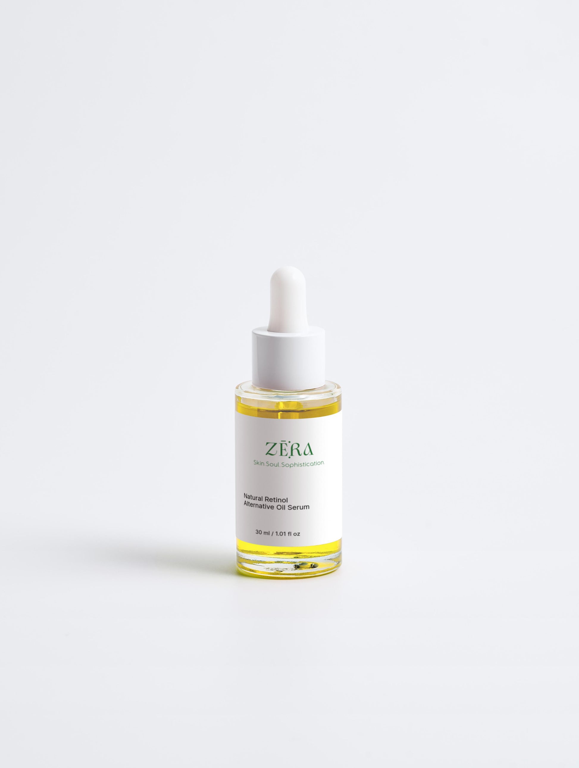 Bottle of Zera skincare serum on a white background